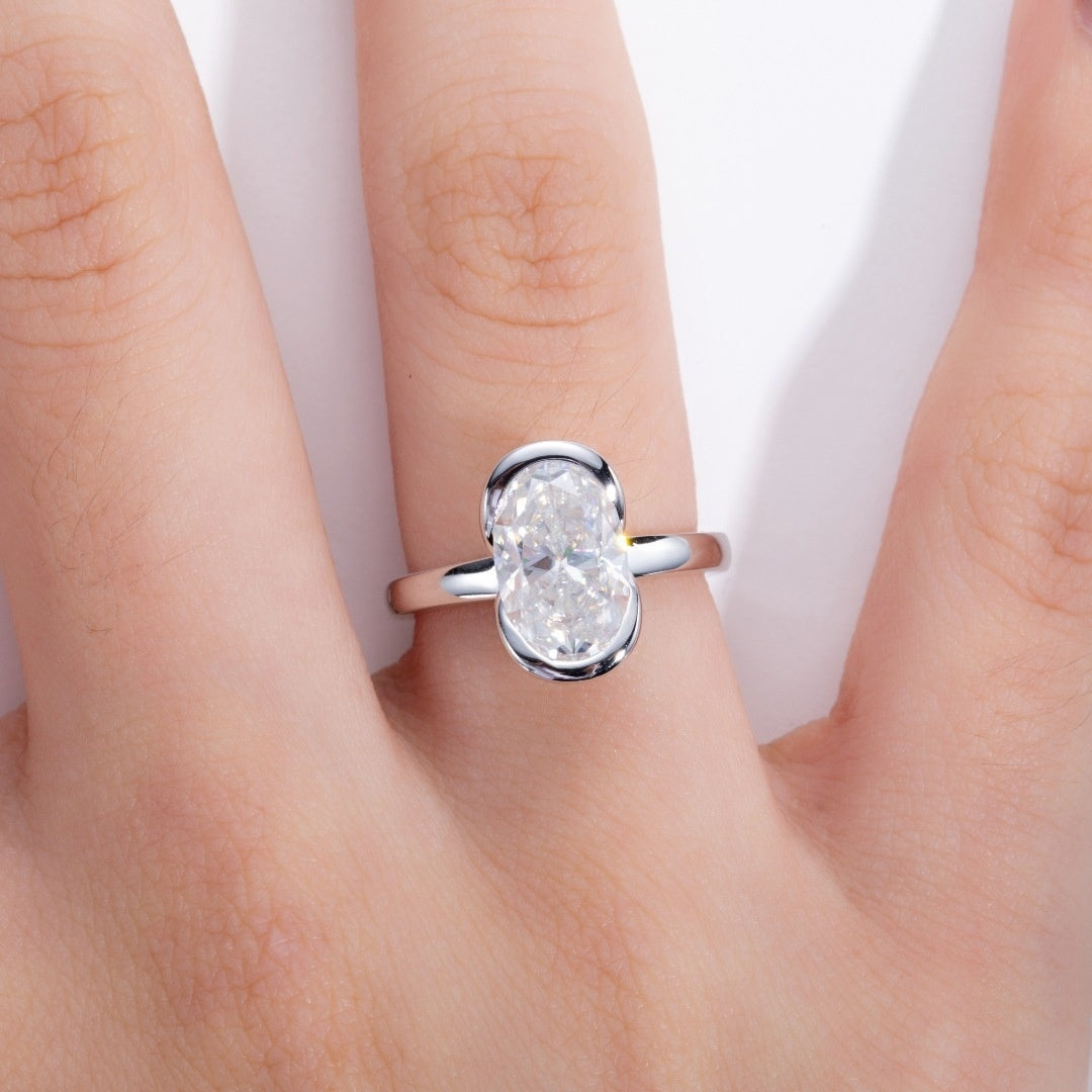 Silver Oval Semi  mount Ring With A 3  carat Fancy shaped Moissanite For Women