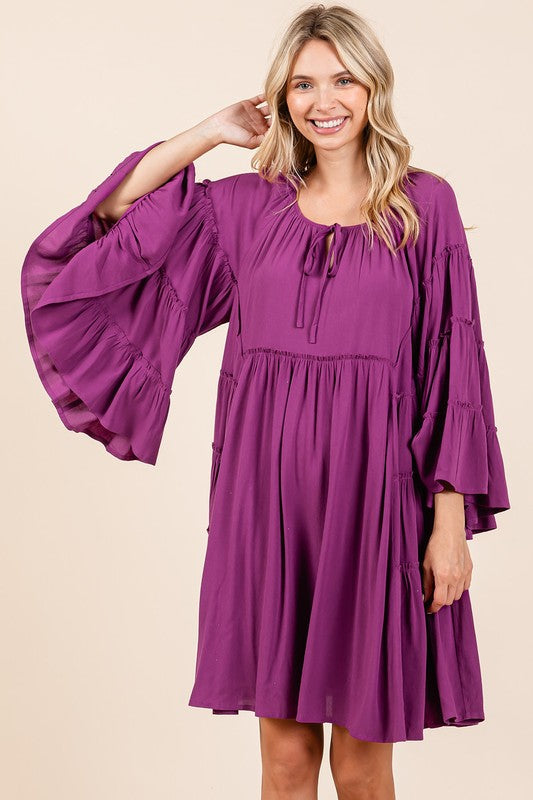 Frill Tie Neck Bell Sleeve Dress For Women – Elegant, Chic and Feminine Dress with Playful Frills and Bell Sleeves