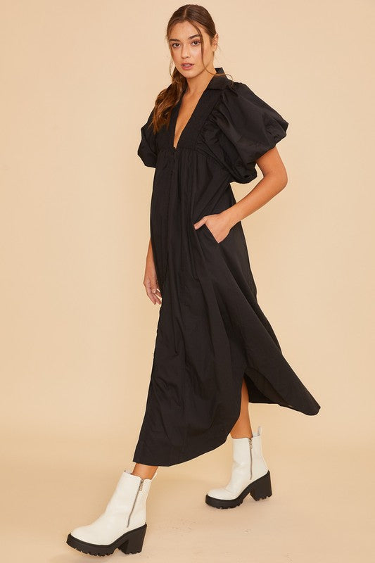 Sophisticated Elegant Black Puff Sleeve Midi Dress Luxury Dress for Women Timeless Women Dress
