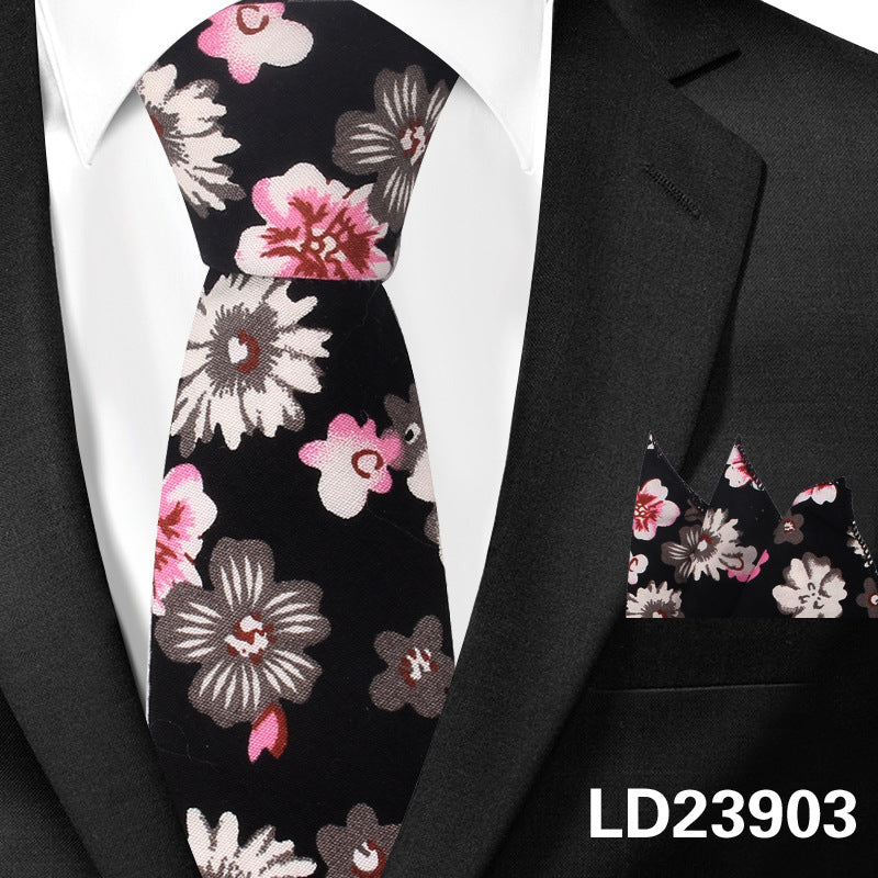 Casual Cotton Floral Print 6cm Casual Tie Pocket Square Suit