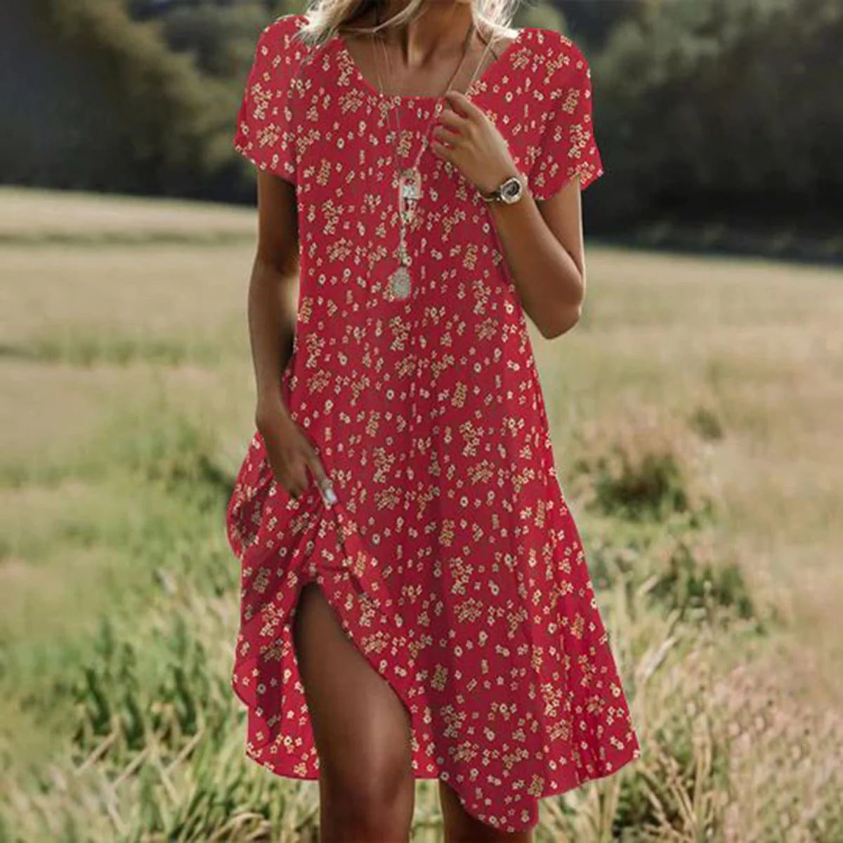 Ethnic Print Midi Dress – Scoop Neck Geometric Pattern Boho Dress