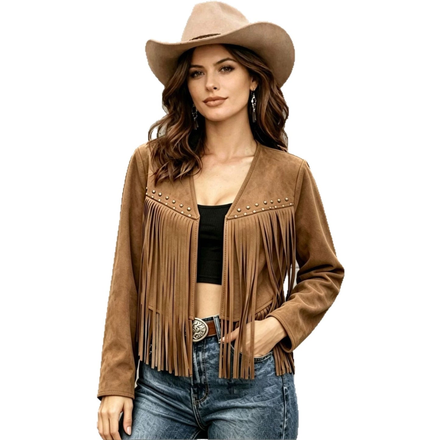 Womens Solid-Color Rivet-Embellished Long-Sleeve Cardigan Coat