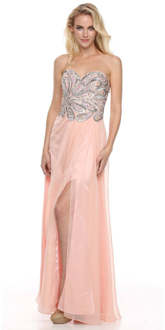CLEARANCE - Juliet 548 Beaded Bodice Long Strapless Thigh Slit Formal Gown