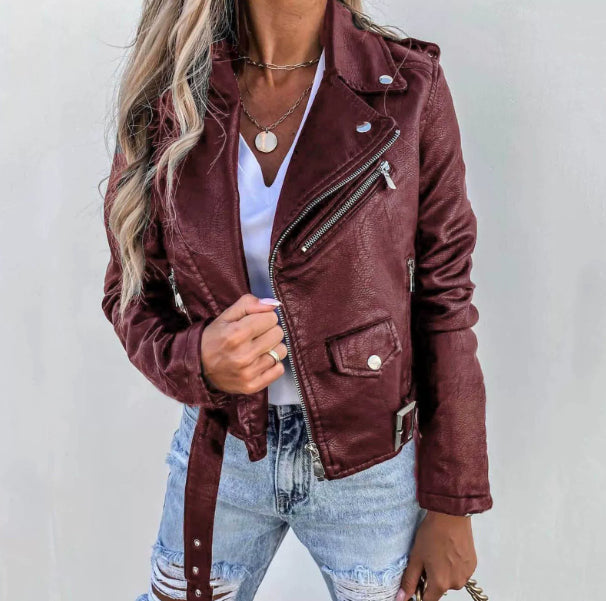 Jacket Top PU Leather Coat Short Zipper