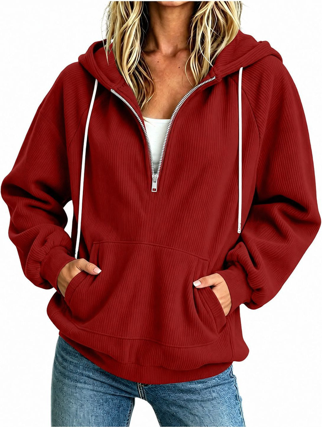 Womens Loose-fit Long-sleeve Half-zip Hooded Sweatshirt