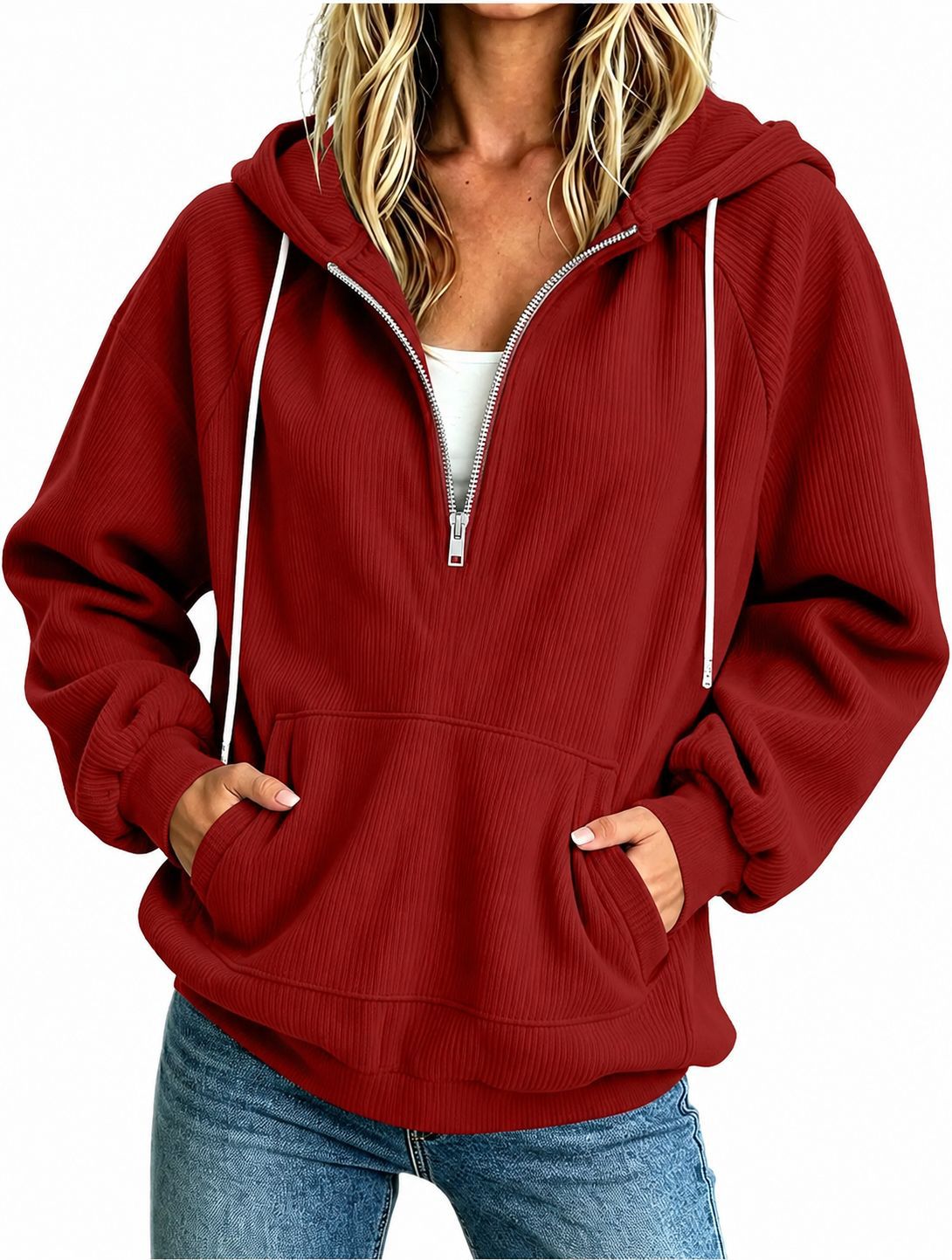 Womens Loose-fit Long-sleeve Half-zip Hooded Sweatshirt