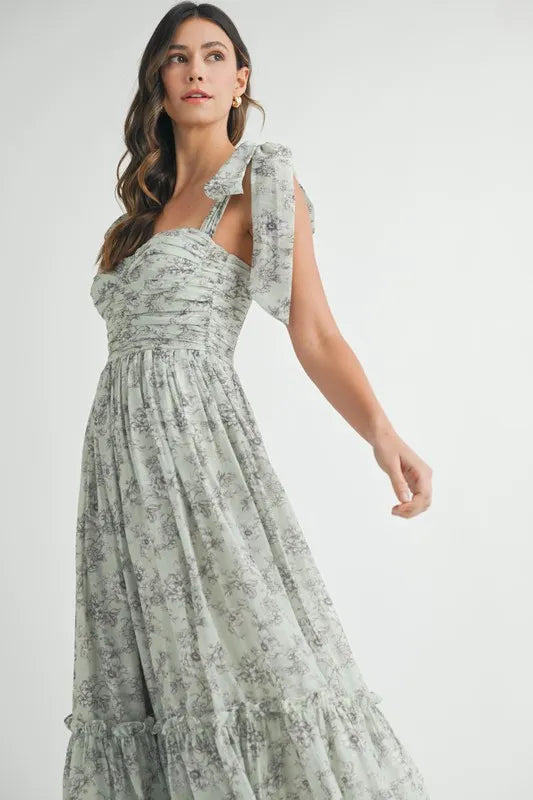 Floral Bust Ruched Midi Dress with Shoulder Tie For Women – Ruched Midi Dress For Summer, Floral Bust Dress, Shoulder Tie Dress, Feminine Midi Dress, Chic Event Dress