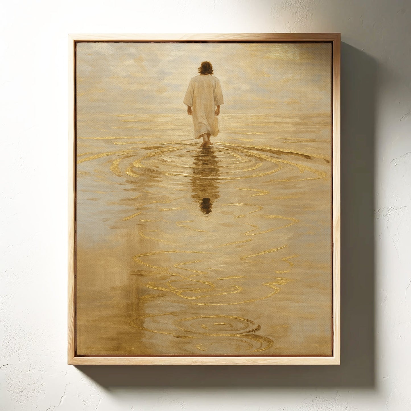 Goldenes Licht Jesus geht auf dem Wasser