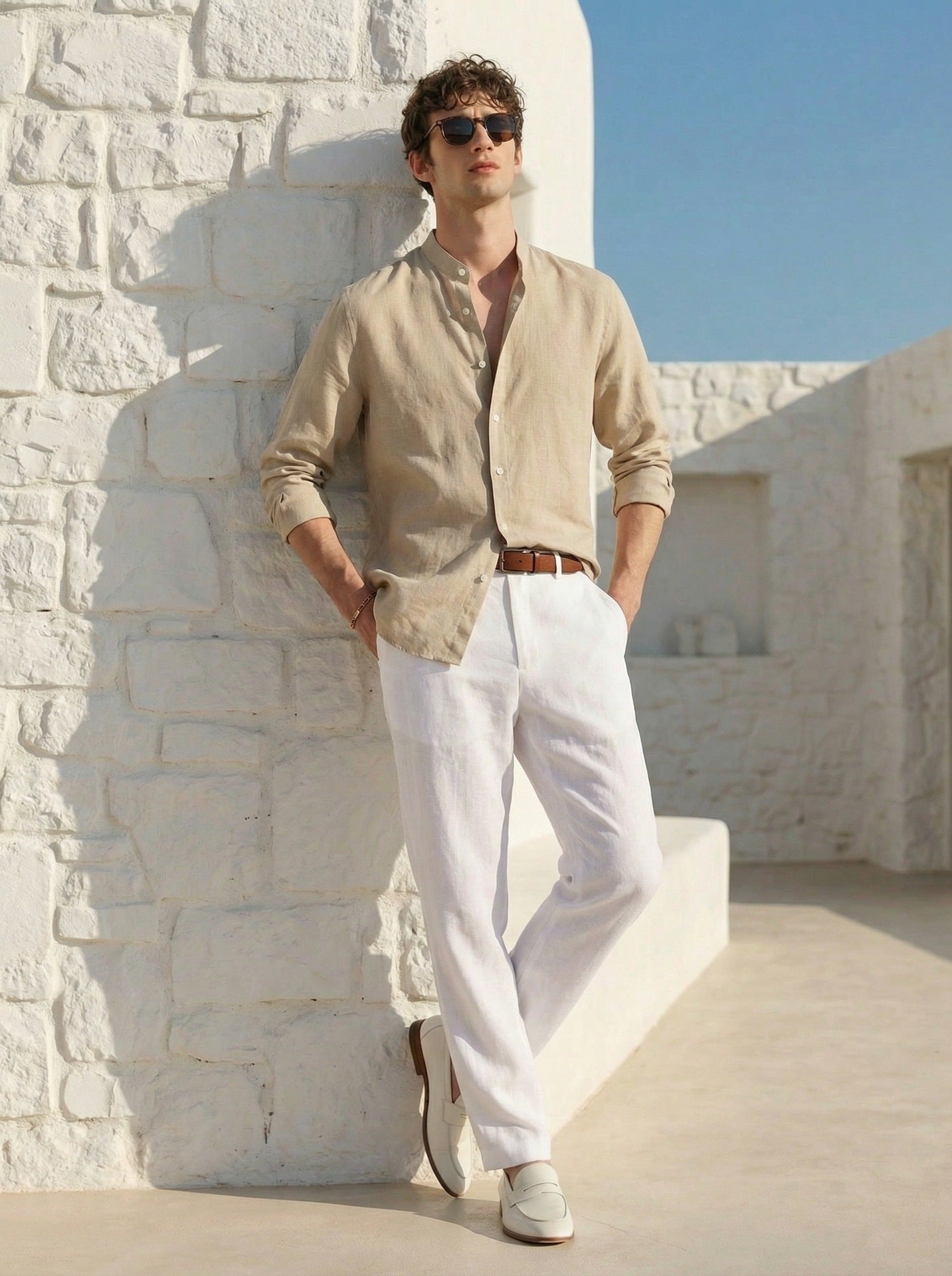 Italian Neapolitan Luxury Pure Natural Linen Mens Long Sleeve Shirt