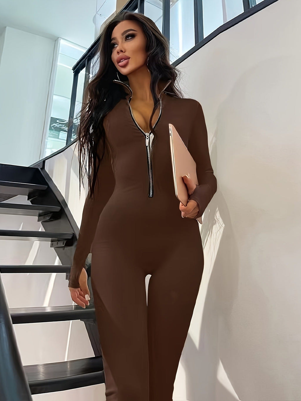 Women's Long Sleeve Jumpsuit With Long Metal Zipper For Autumn And Winter