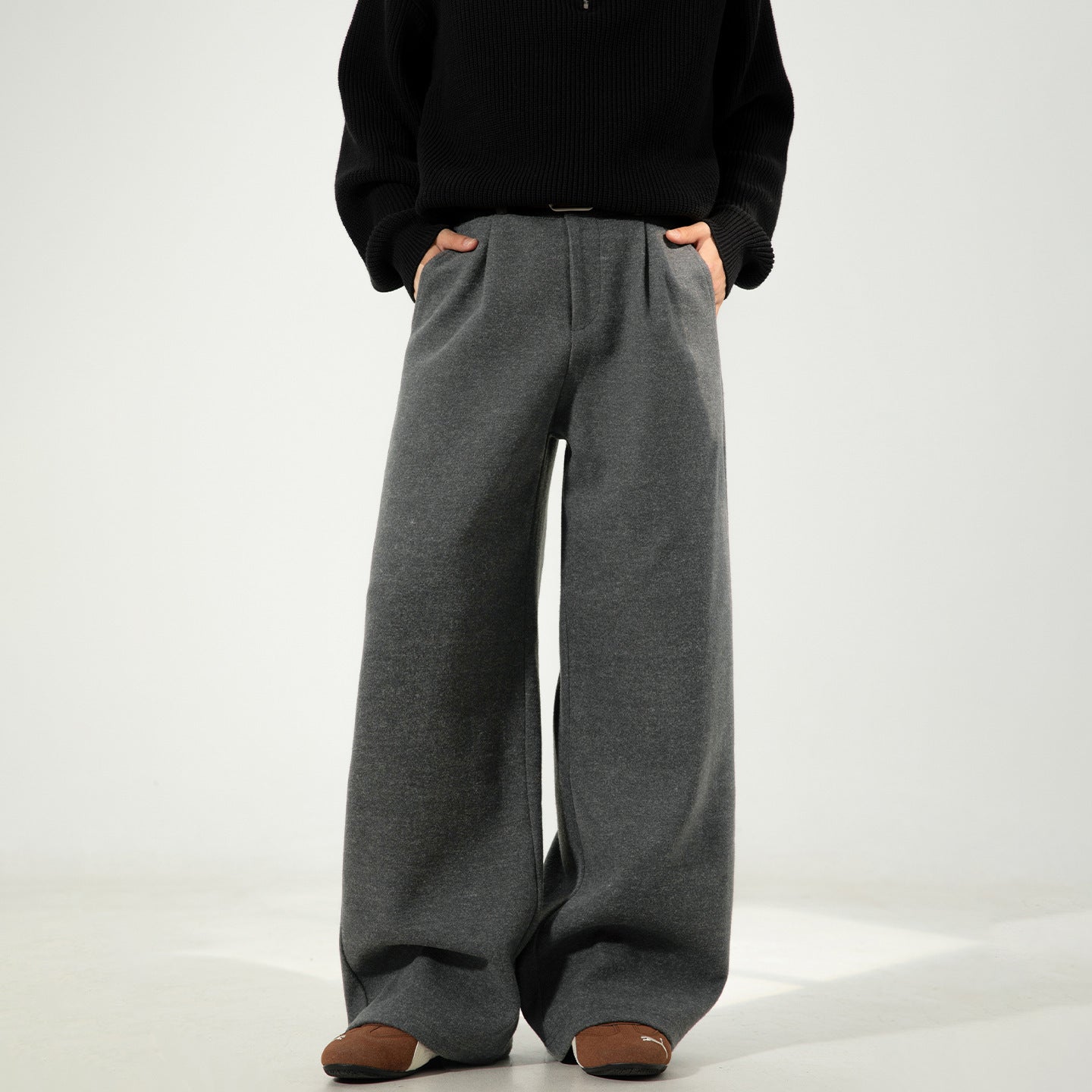 Wool Straight-leg Loose Pleated Casual Pants Thickened Long Trousers For Men
