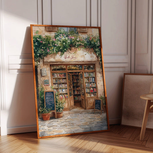 Charmante librairie française – Décoration murale d'une scène de rue européenne vintage