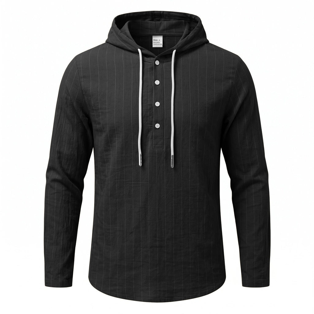 Casual Mens Loose-fit Vertical-striped Hooded Long-sleeve Shirt