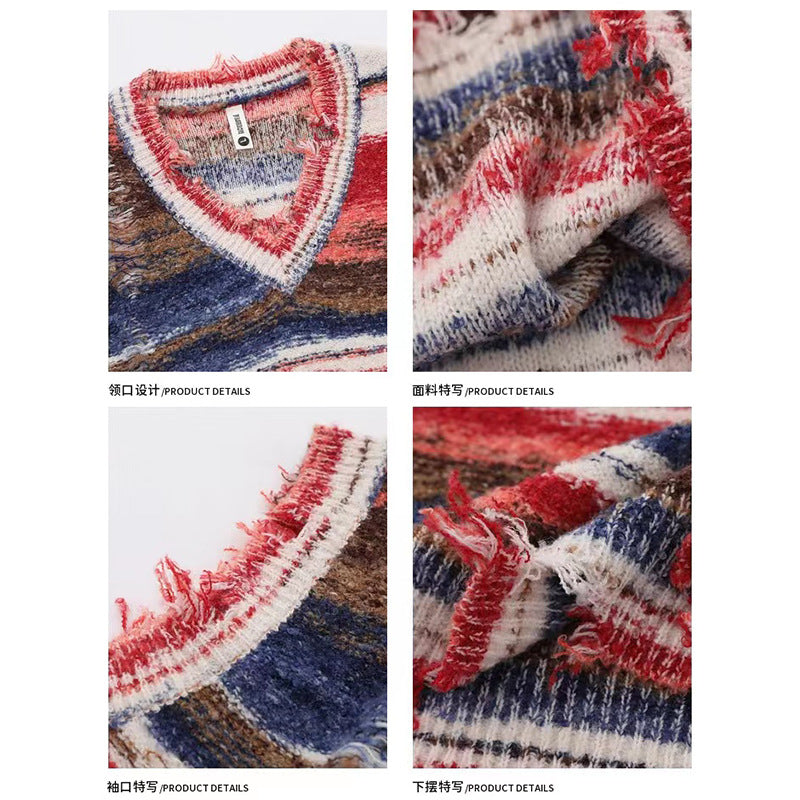 Retro Relaxed Color-block Striped Sleeveless Knit Vest
