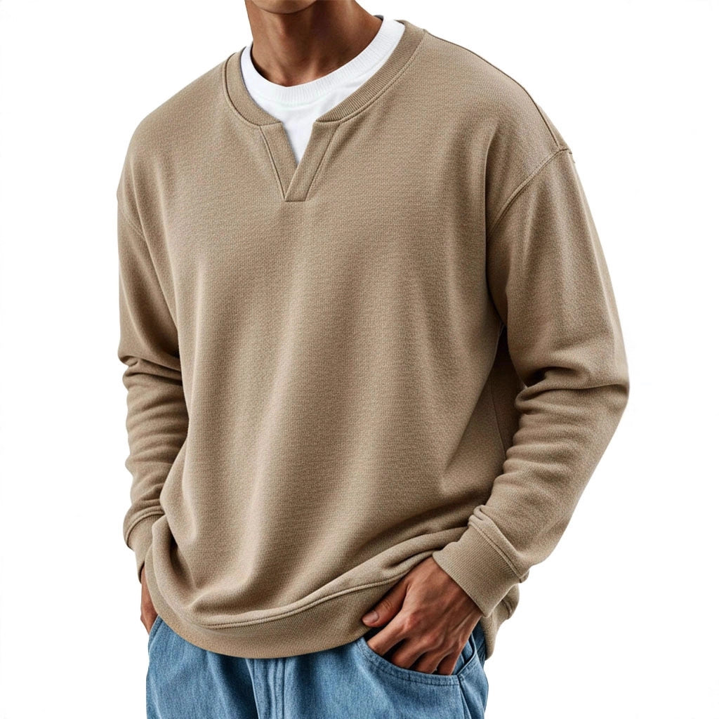 Mens Patchwork Mock Two-Piece Crew-Neck Long-Sleeve Top