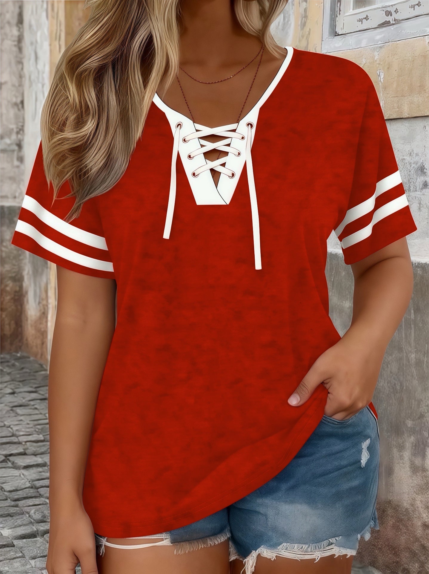Color-Block Half-Sleeve V-Neck Plus-Size Womens T-Shirt