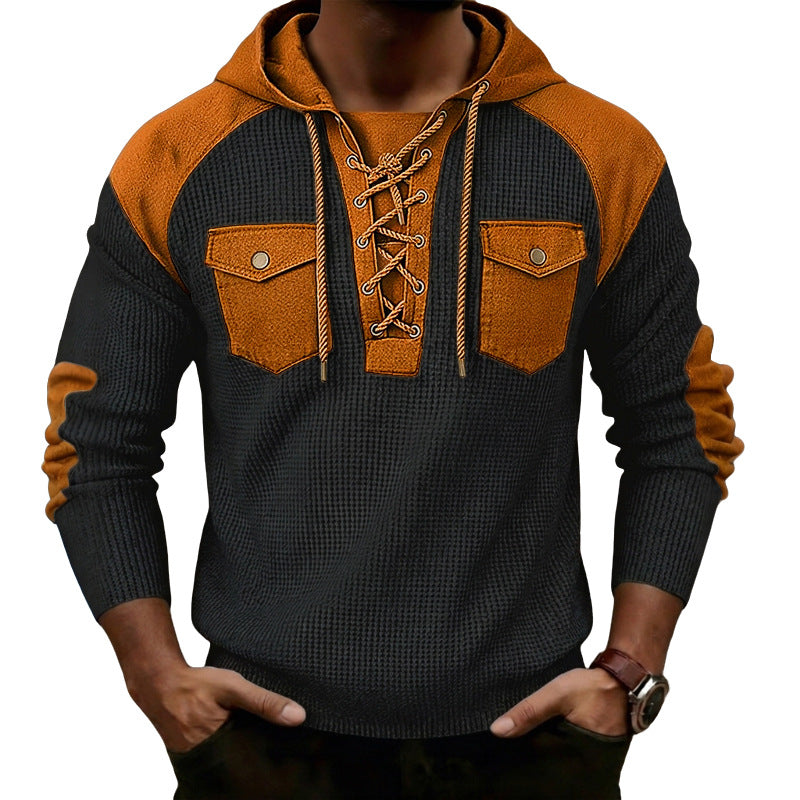 Mens Waffle-Weave Hooded Long-Sleeve Sweatshirt