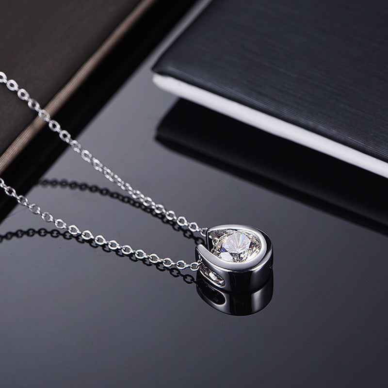 S925 Sterling Silver Minimalist Pendant Necklace, 1ct D-VVS1 Moissanite, Horseshoe Bezel Setting, Platinum Plated 38&41cm Chain, 2.4g GRA Certificate Gift Box