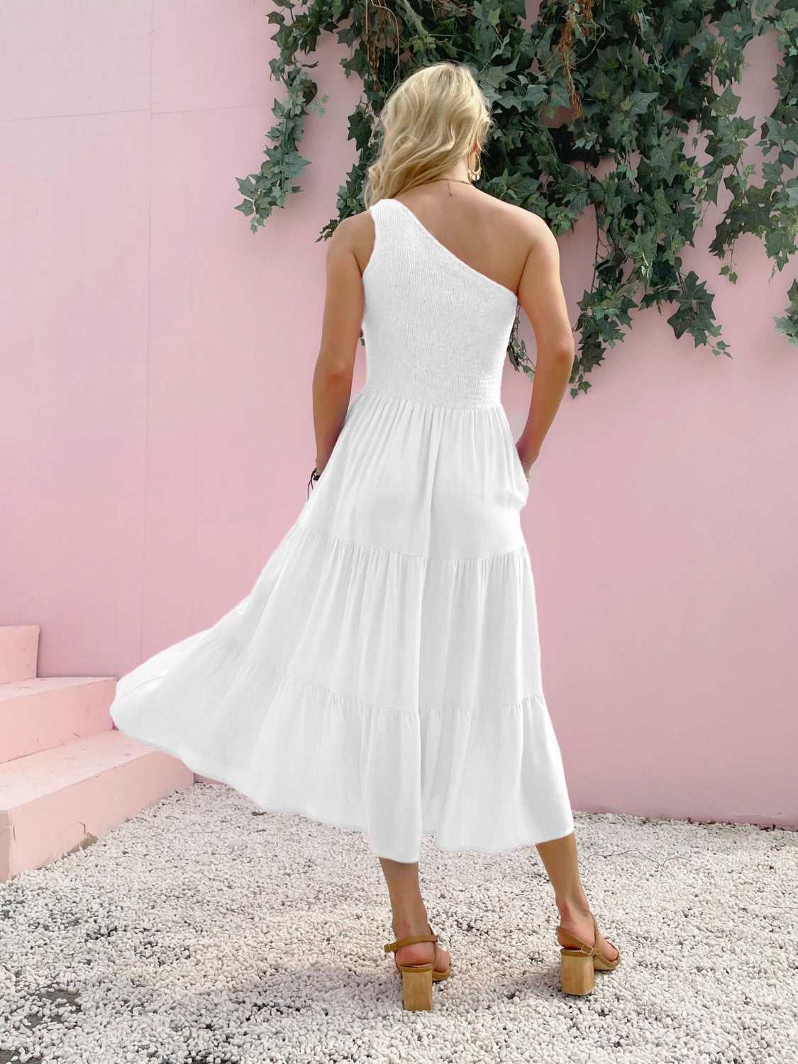 Smocked Single Shoulder Sleeveless Dress Stylish & Comfortable Summer Long Dress Lightweight Dress