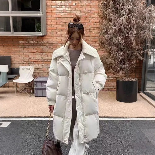 Womens Fashionable Knitted Long Cotton Coat With A Turn-Down Collar