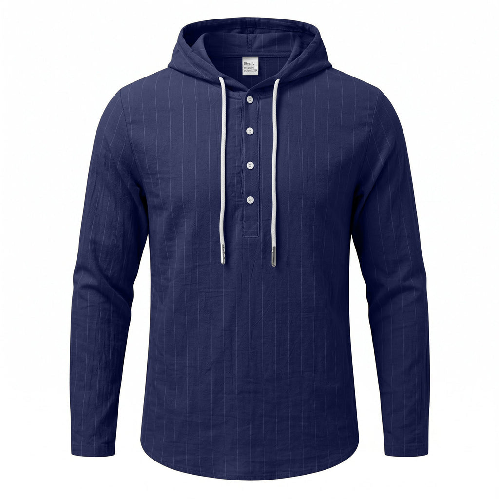 Casual Mens Loose-fit Vertical-striped Hooded Long-sleeve Shirt