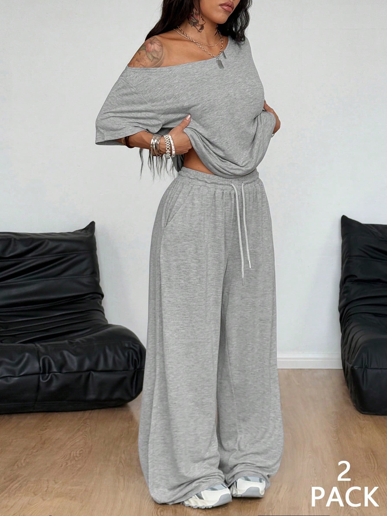 Casual 2 Pieces Set For Woman Two Piece Outfits Blusas T Shirt Tees Simple Style Homewear Loose Solid Color