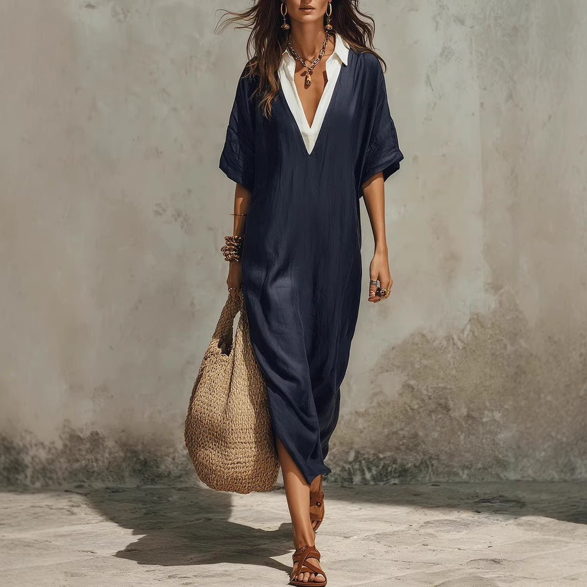 Women's V-Neck Loose Cropped-Sleeve Linen Midi Dress with Pockets