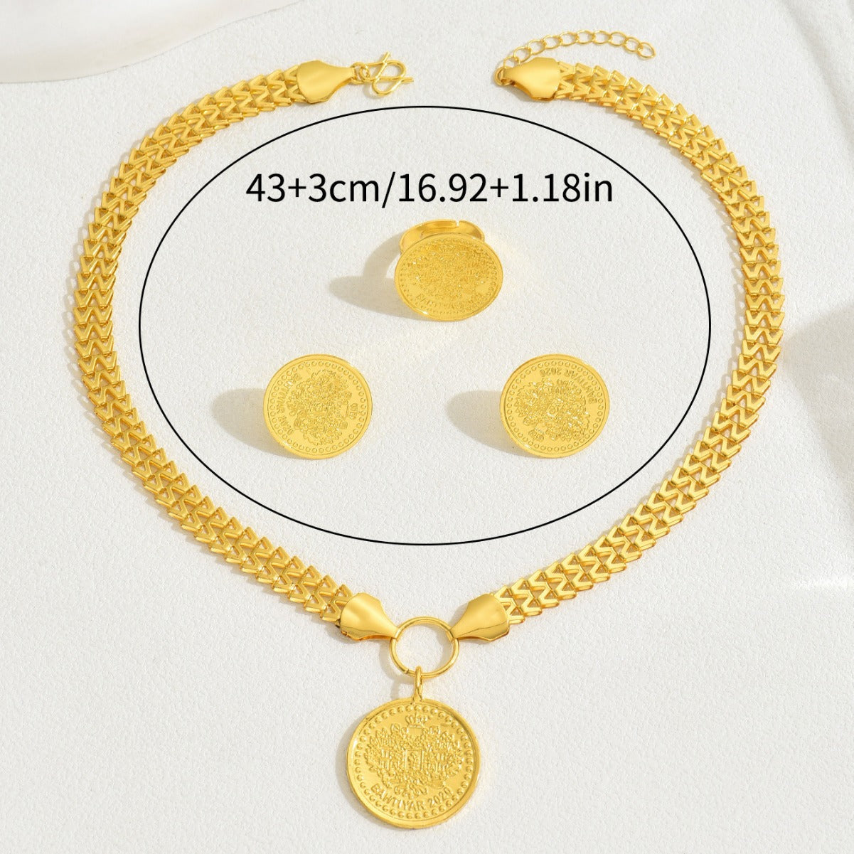 Fashion OL Tree Of Life Round Pendant Jewelry Set, Matching Necklace Earrings With Electroplated 18K Versatile Ring Women Accessories