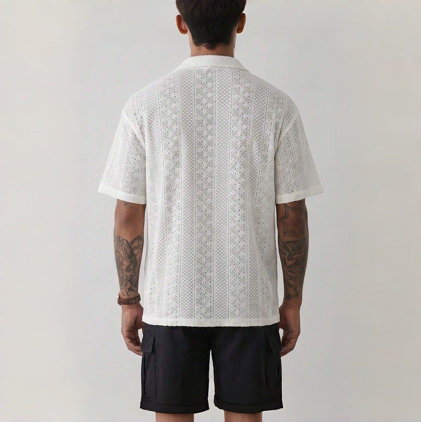 Old Money Style Cuban Collar Hollow Out Knitted Short Sleeve Shirt