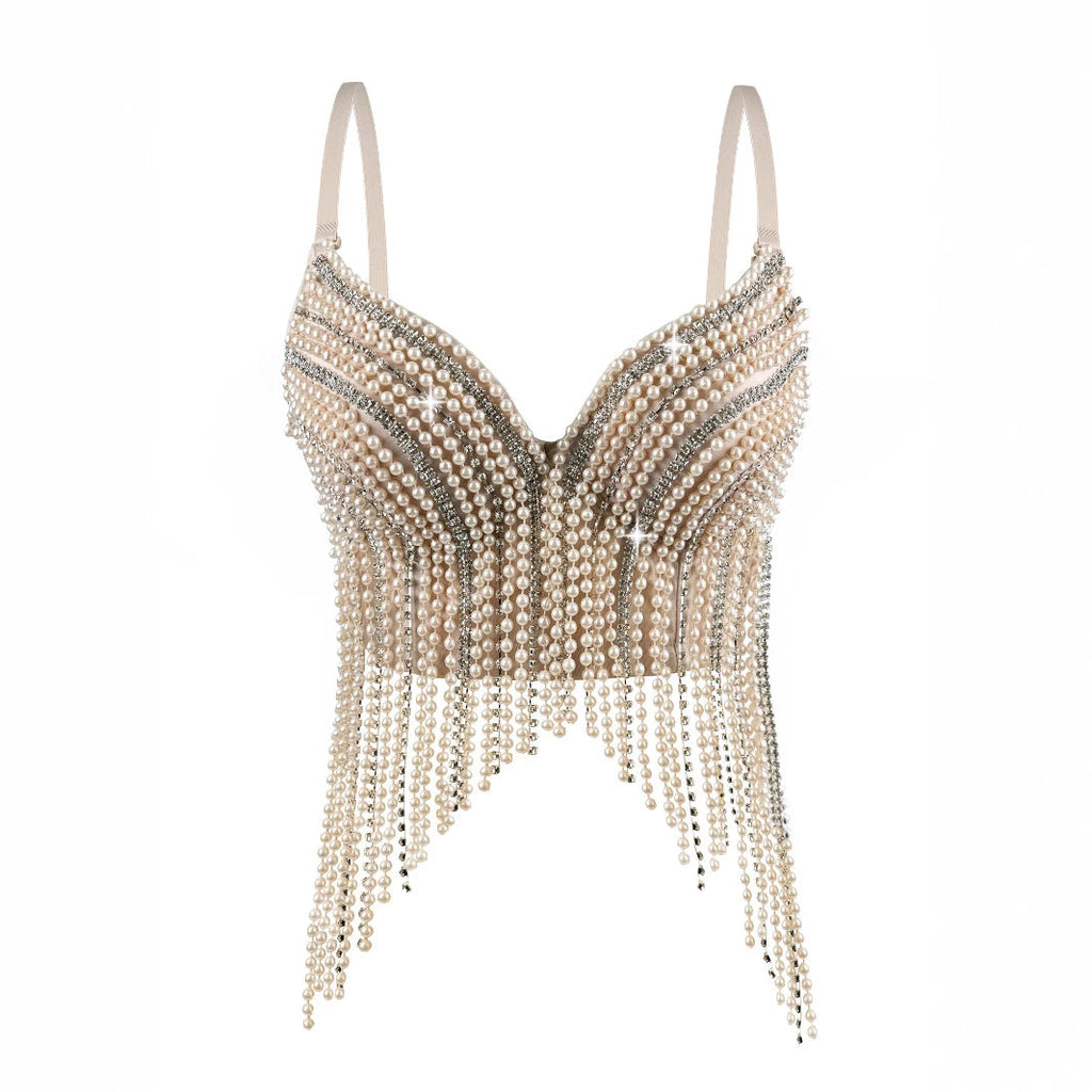 Cross-Border New Pearl Diamond Chain Tassel Suspender Top European And American Summer Sexy Pure Desire Outer Wear Stage Fishbone Bra