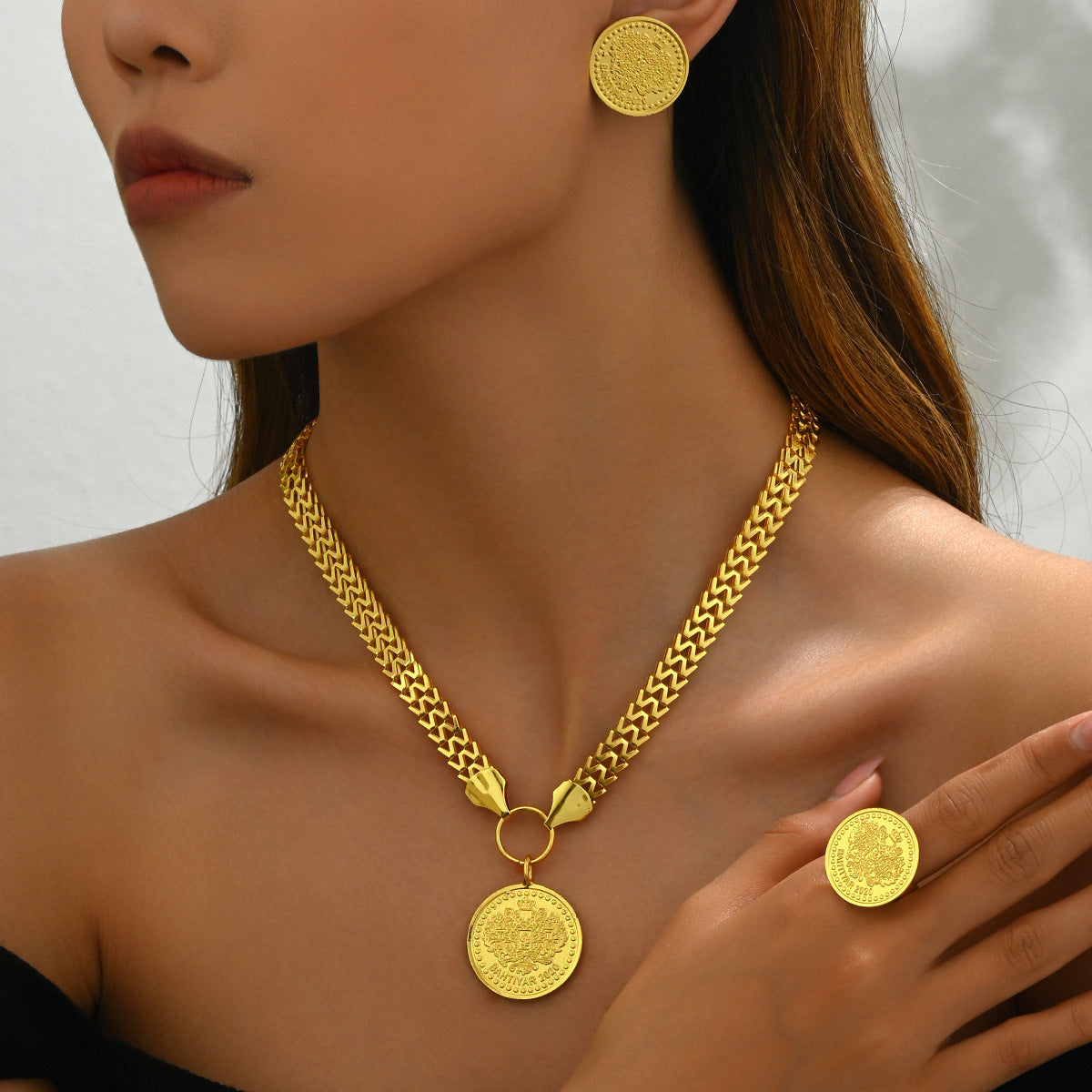 Fashion OL Tree Of Life Round Pendant Jewelry Set, Matching Necklace Earrings With Electroplated 18K Versatile Ring Women Accessories