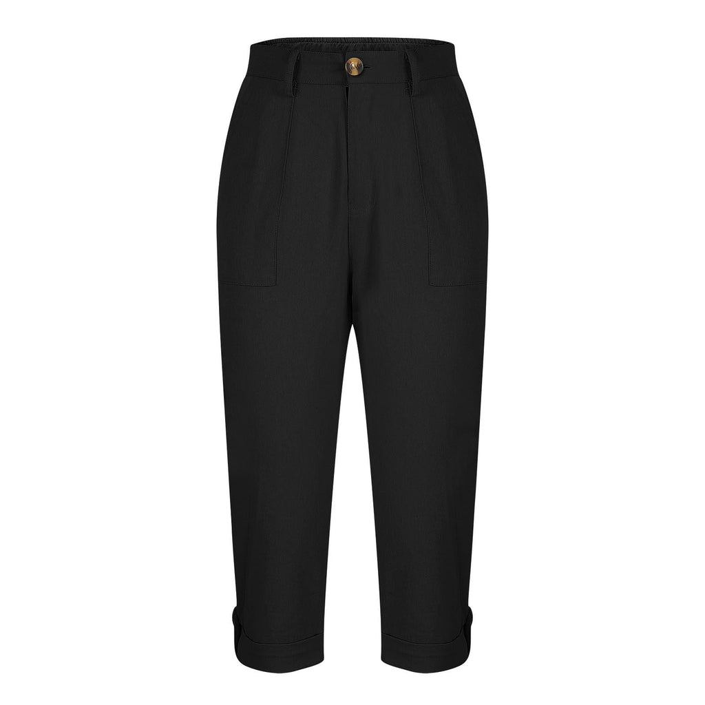 Cross-border Women's Solid Color Workwear Pants Waist Button Pants Ear Design Pants Leg Curled Women's Cropped Pants