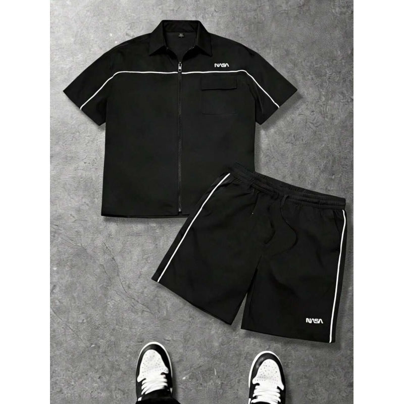 Striped Zip-front Short-sleeve Shirt And Shorts Set