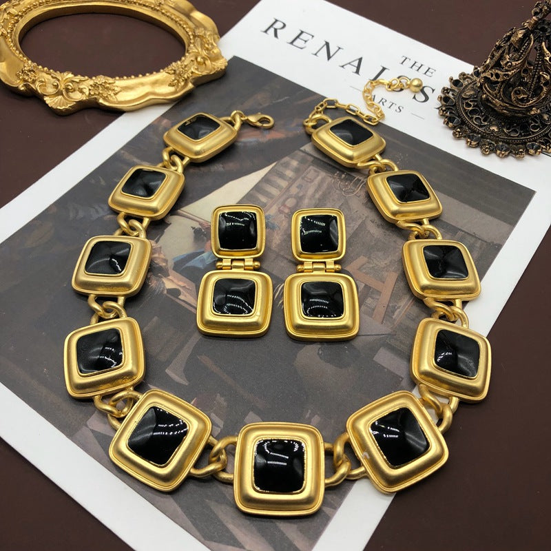 Antique Necklace Earrings Classic Black Enamel Necklace Suit