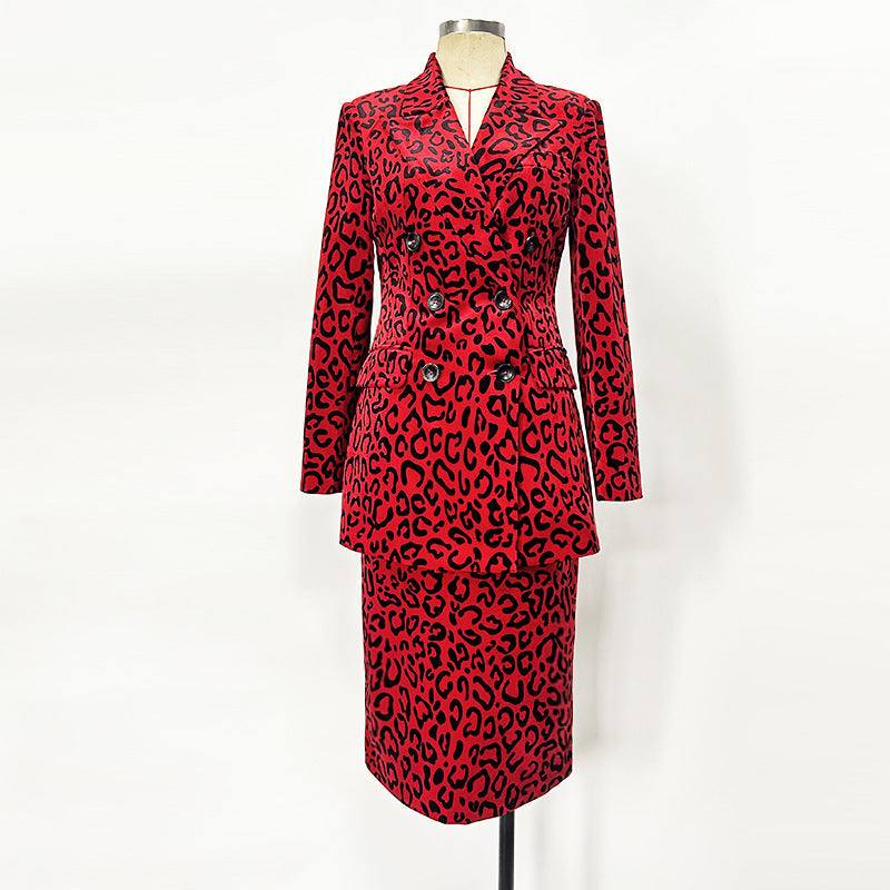 Leopard Print Double Breasted Blazer & Midi Pencil Skirt 2-Piece Suit Set