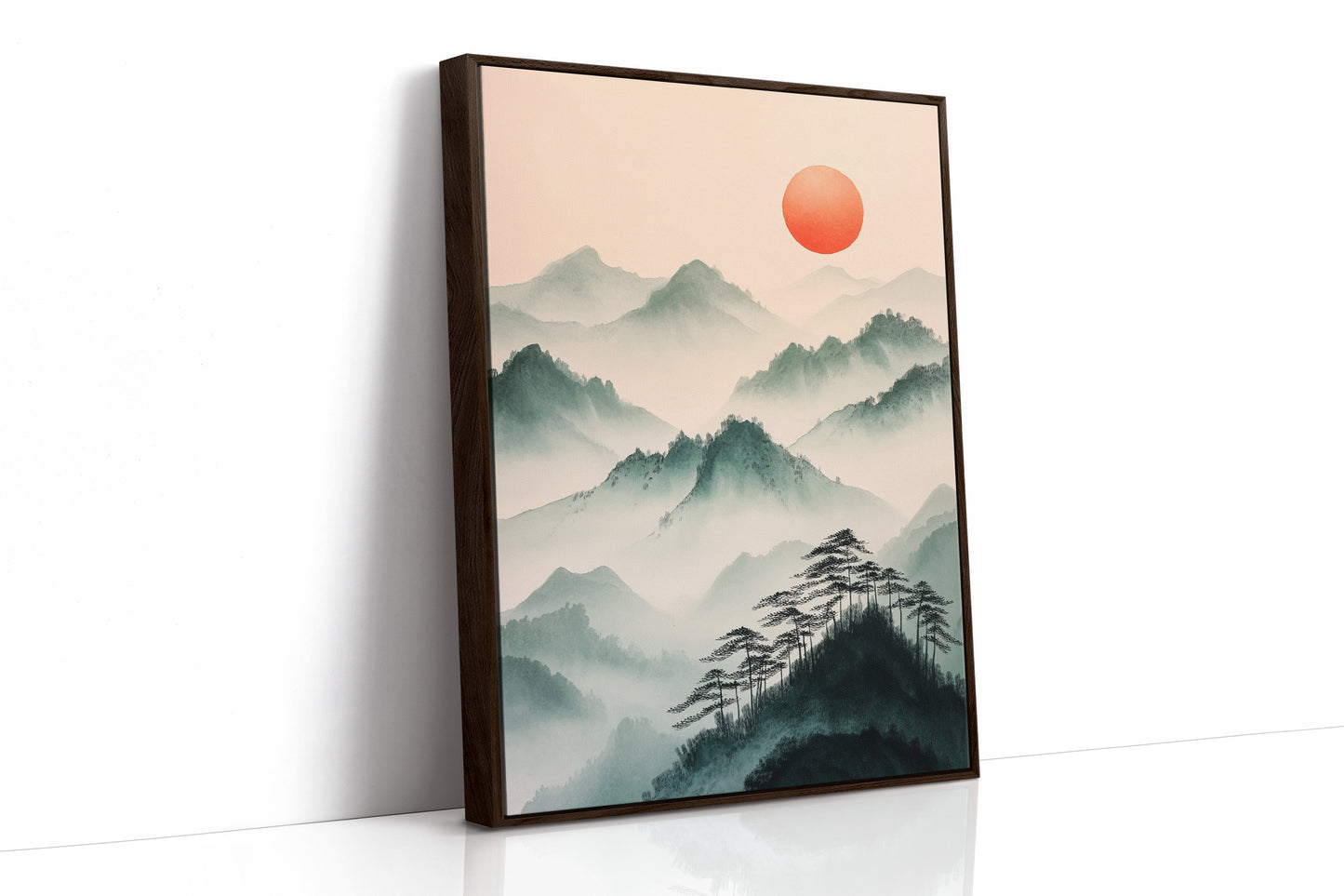 Nebelgebirgs-Sonnenaufgang – Ruhiger, asiatisch inspirierter Landschaftsdruck