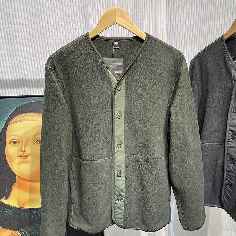 Collarless Casual Cardigan Sweatshirt Suitable For Layering As An Outerwear Piece