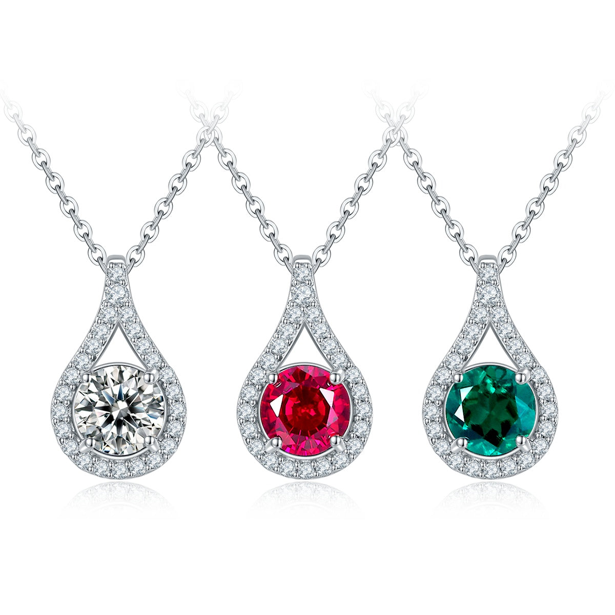 S925 Sterling Silver Teardrop Halo Necklace, 1ct Moissanite & Lab-Grown Ruby&Emerald, Platinum Plated Pendant With GRA Certificate Gift Box
