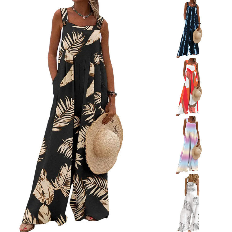 Womens Printed Sleeveless Loose Casual Wide-Leg Pants