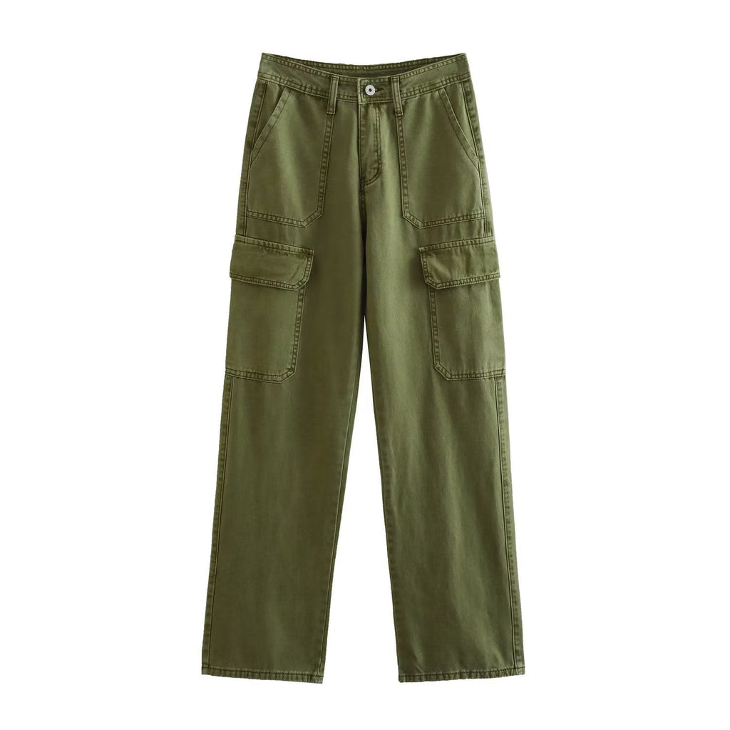 Women's Straight Solid Color Pocket Loose Casual Pants