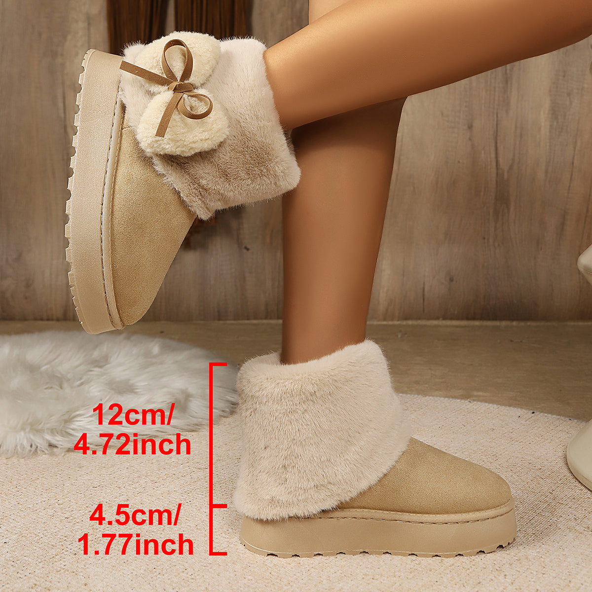 Winter New Fuzzy Snow Boots Short Shaft Bow Flatform Platform Fleece Lined Thickened Warm Niche Cotton Shoes