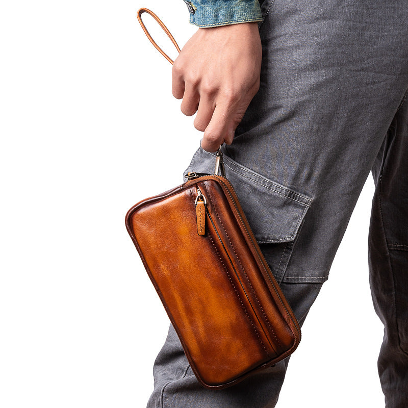 Vertical Model In Square Shape First Layer Cowhide Casual Clutch Men