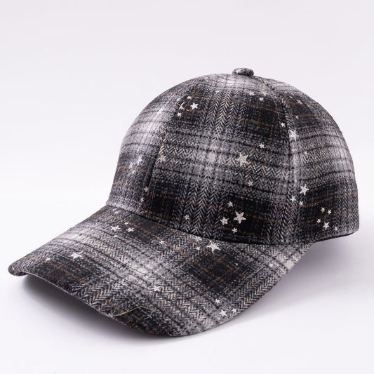 Wool Check Pattern Silver Glitter Star Embossed Baseball Cap, Retro And Fashionable, Soft Beanie Hat, Suitable For Outdoor Outings And Casual Wear