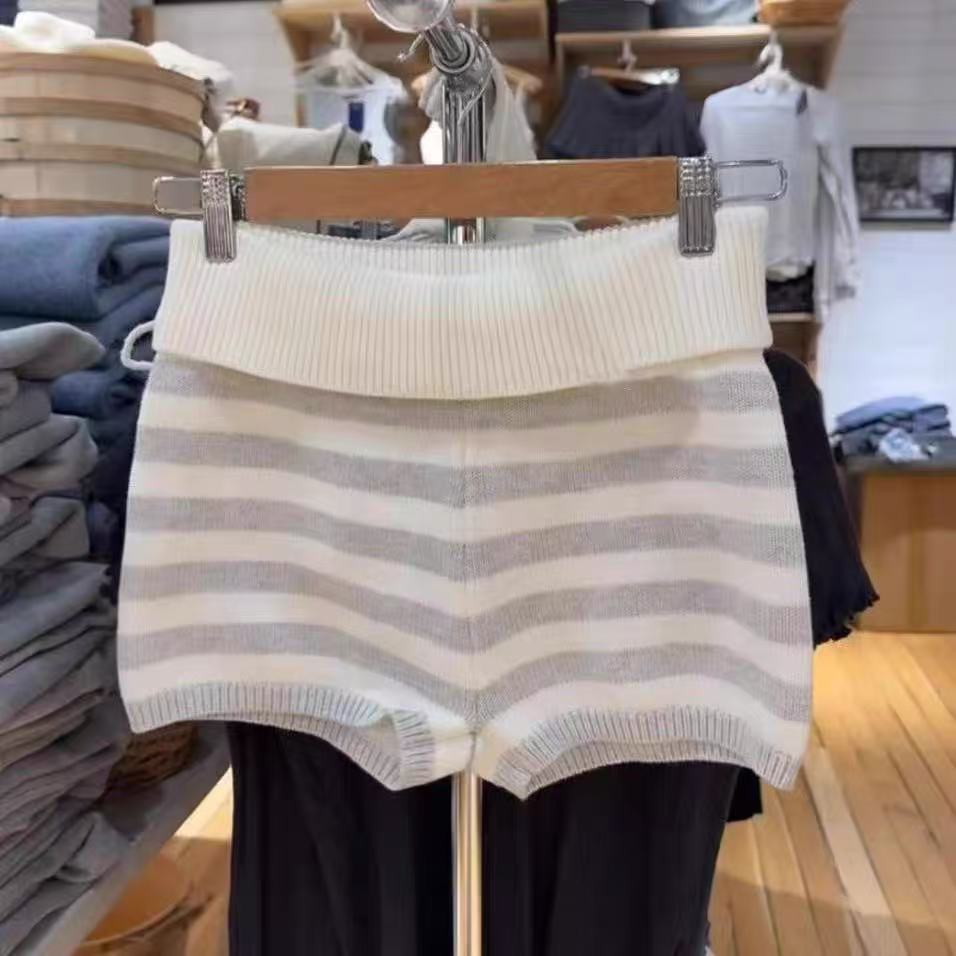 Womens White-Striped Knitted High-Waist Straight Shorts