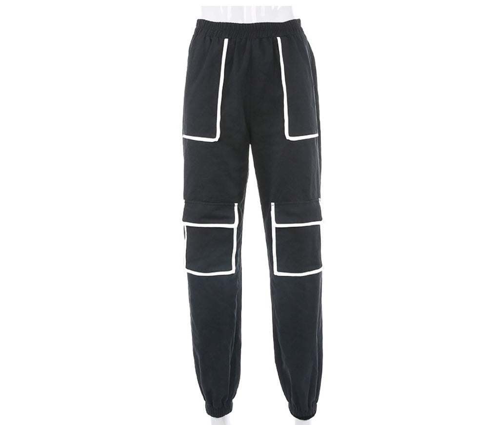 White Stripe Cargo Pants Women Trousers Pockets Patchwork Contrast Color High Waist Pants Hip Hop Capris