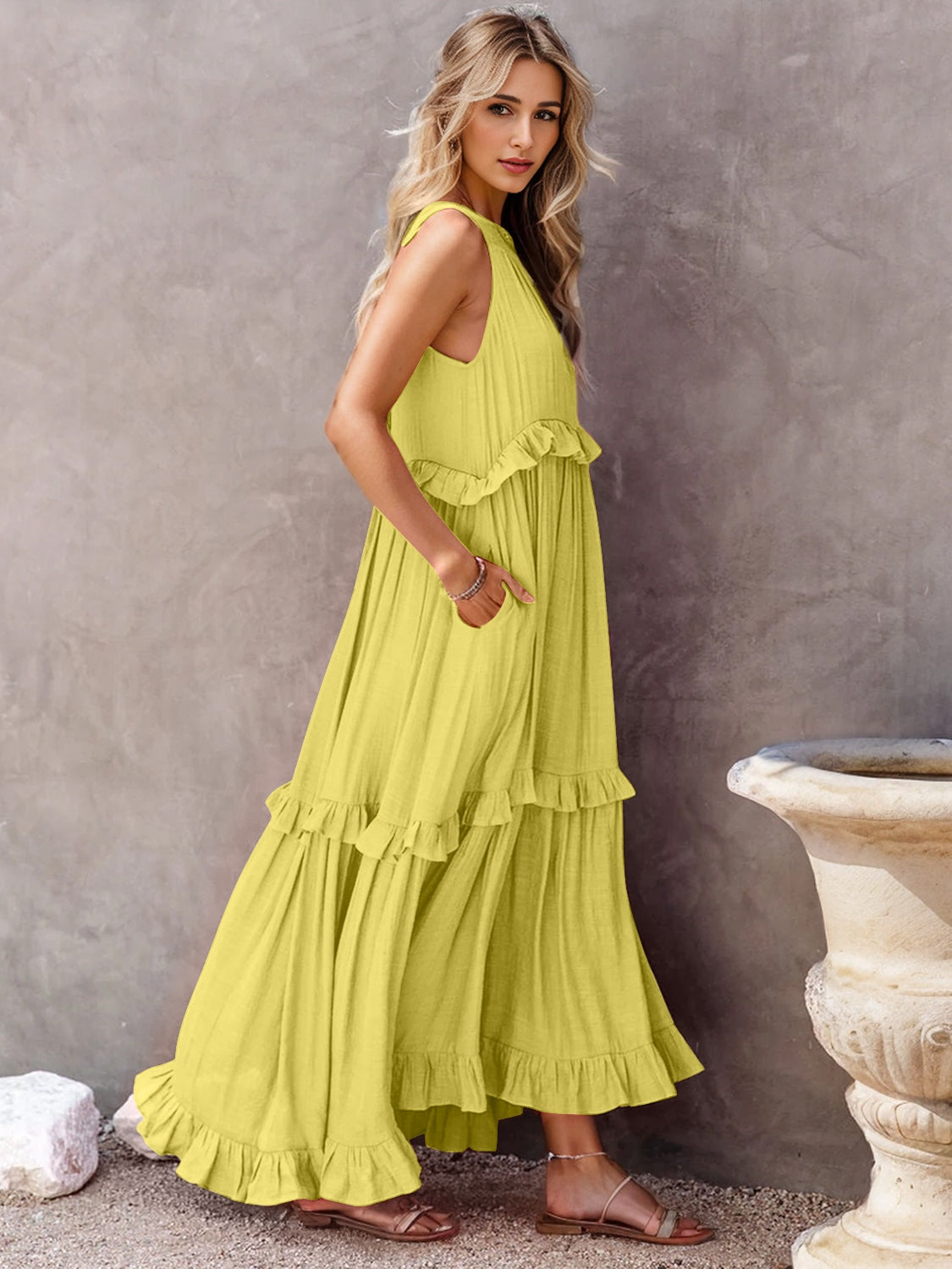 Romantic Ruffled Sleeveless Tiered Maxi Dress with Pockets Elegant & Chic Statement Beautiful Design Dress