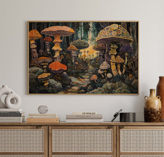 Forêt de champignons enchantée : Décoration murale fantastique et mystique sur toile