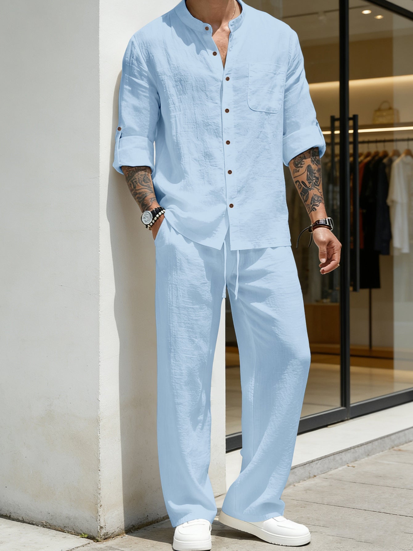 Mens Solid-Color Linen Long-Sleeve Shirt And Pants Two-Piece Set