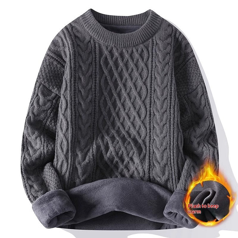 Round-neck High-neck Fleece-lined Solid-color Sweater