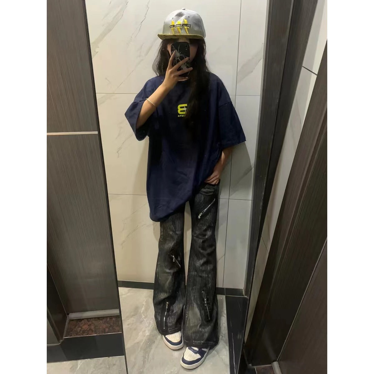 American-style Vintage Washed-design Slimming Pants With Zippers